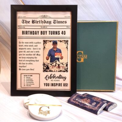 Personalised Newspaper Style Photo Frame and 2 Marble Coasters